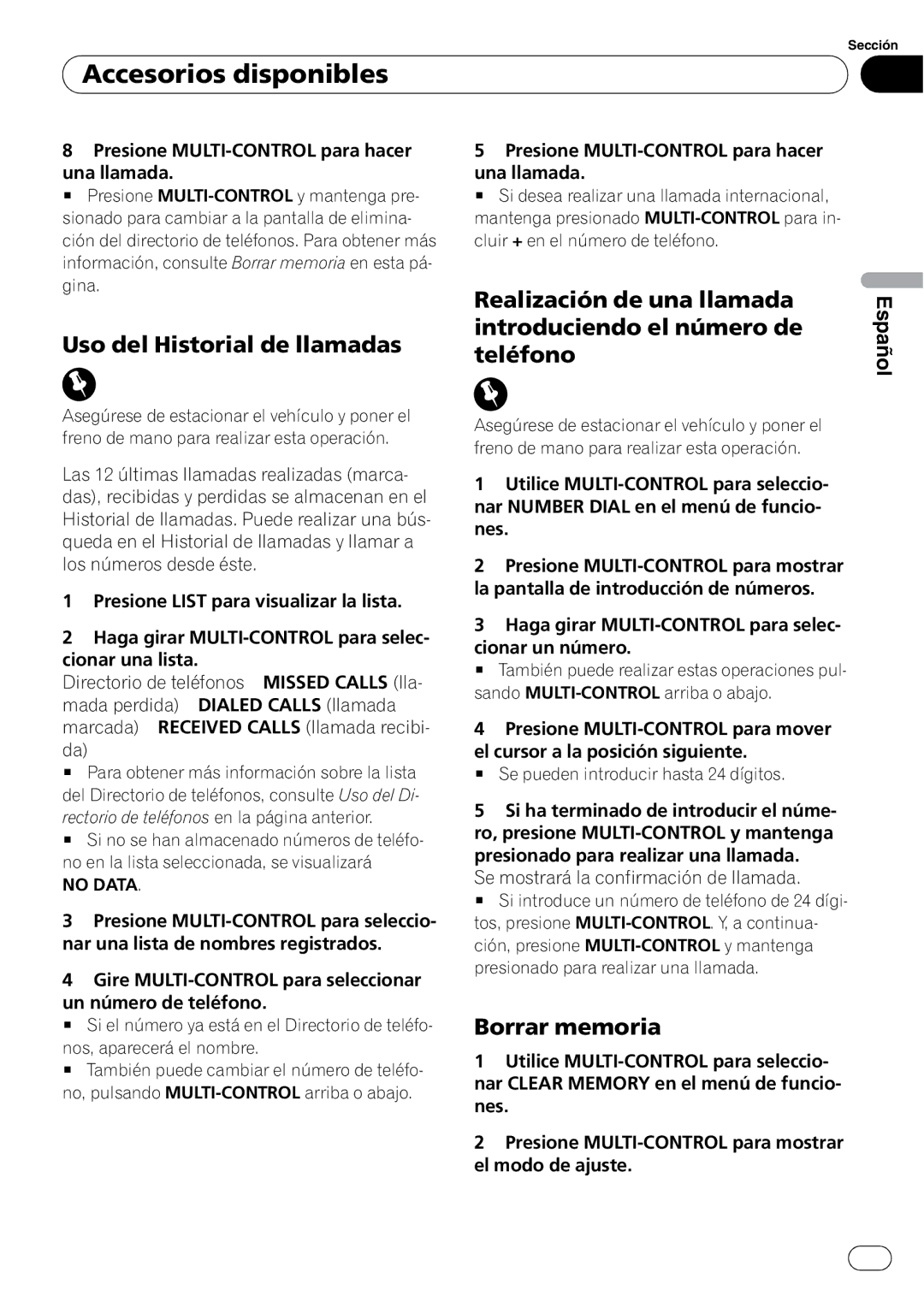 Pioneer DEH-P4050UB Uso del Historial de llamadas, Borrar memoria, Rectorio de teléfonos en la página anterior, No Data 