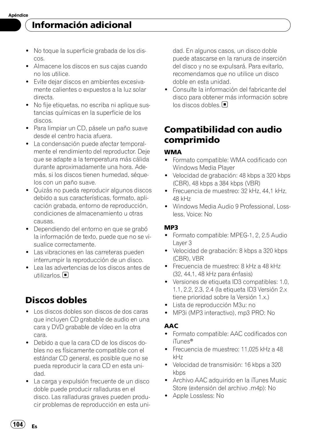 Pioneer DEH-P4050UB operation manual Discos dobles, Compatibilidad con audio comprimido, 104 Es, Información adicional 