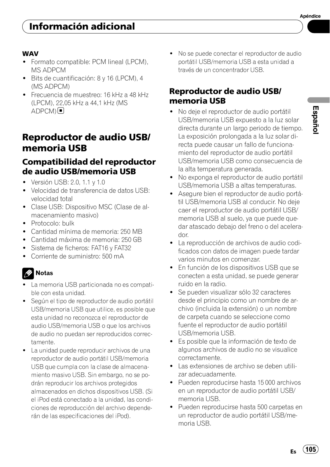 Pioneer DEH-P4050UB operation manual Reproductor de audio USB/ memoria USB, Información adicional, Español 