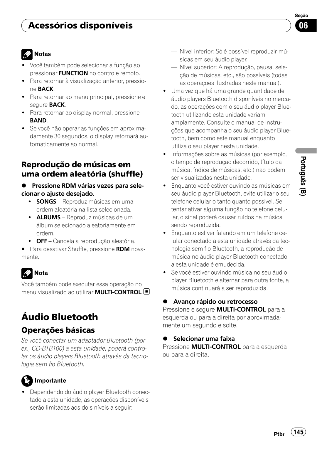 Pioneer DEH-P4050UB operation manual Áudio Bluetooth, Acessórios disponíveis, Operações básicas 