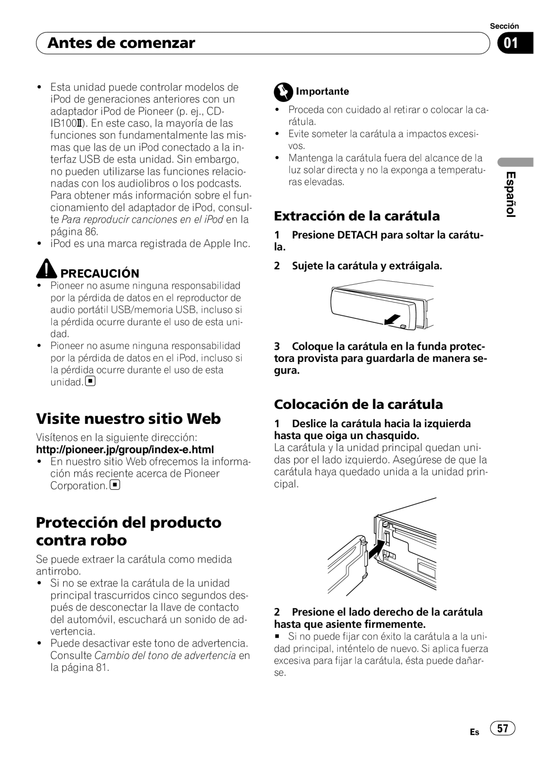 Pioneer DEH-P4050UB Visite nuestro sitio Web, Protección del producto contra robo, Extracción de la carátula, Español 