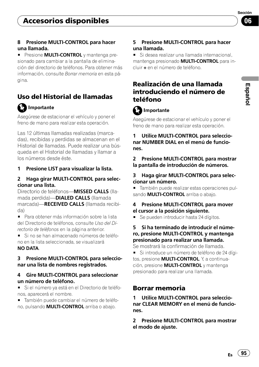 Pioneer DEH-P4050UB operation manual Uso del Historial de llamadas, Borrar memoria, Accesorios disponibles, Español 