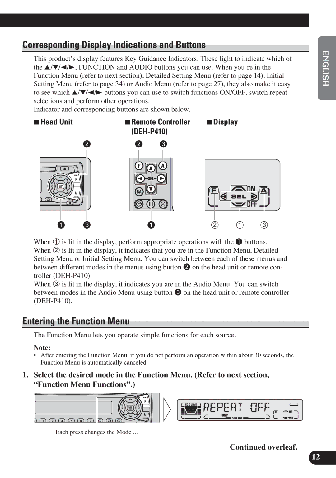 Pioneer DEH-P310, DEH-P410 Corresponding Display Indications and Buttons, Entering the Function Menu, Overleaf 