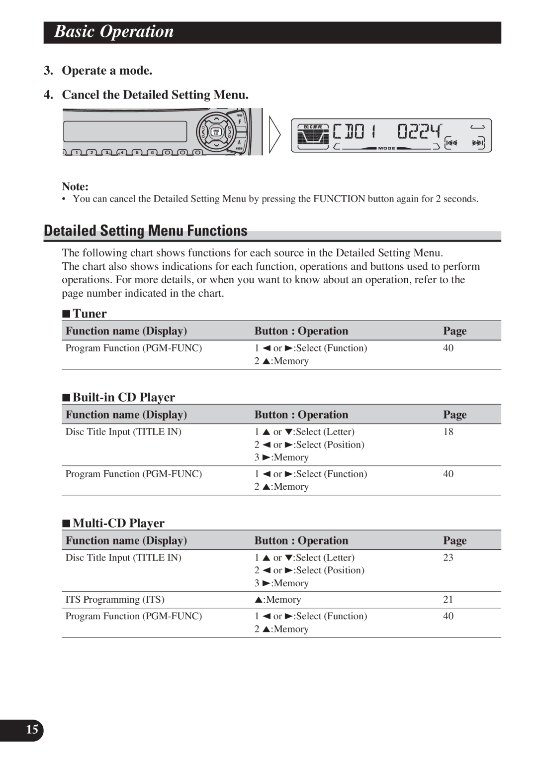 Pioneer DEH-P410, DEH-P310 operation manual Detailed Setting Menu Functions, Operate a mode Cancel the Detailed Setting Menu 