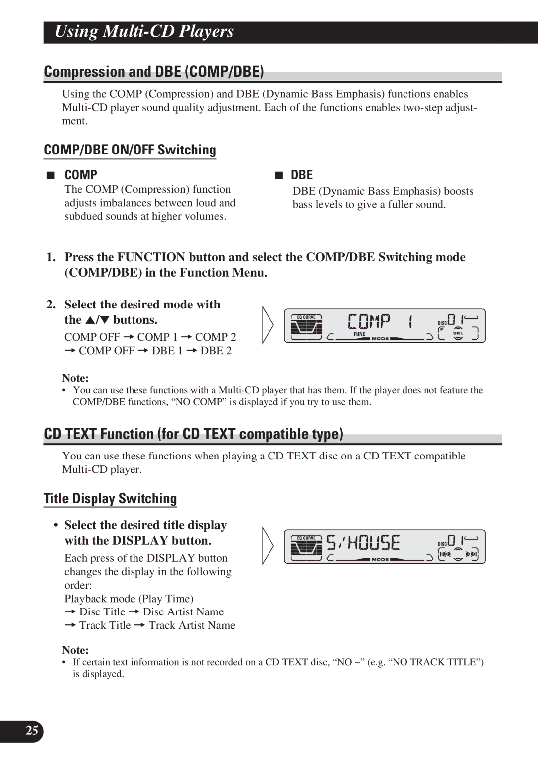 Pioneer DEH-P410 Compression and DBE COMP/DBE, CD Text Function for CD Text compatible type, COMP/DBE ON/OFF Switching 