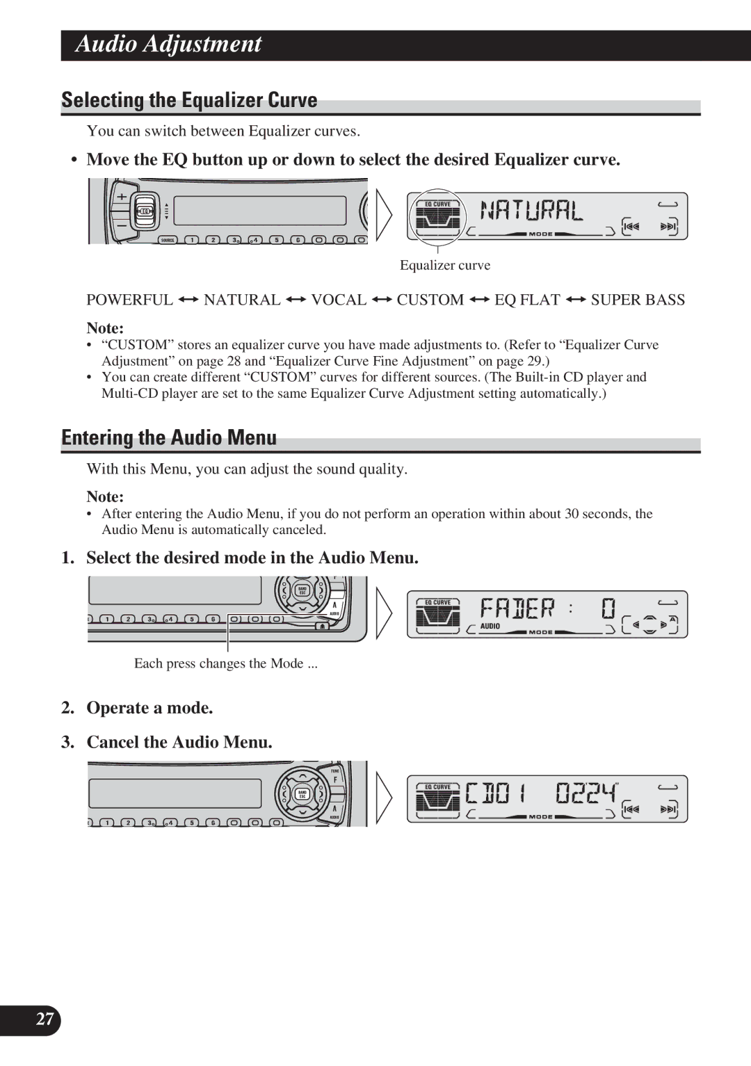 Pioneer DEH-P410, DEH-P310 operation manual Audio Adjustment, Selecting the Equalizer Curve, Entering the Audio Menu 