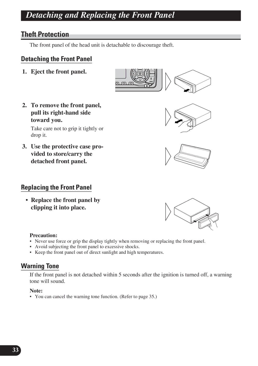 Pioneer DEH-P410, DEH-P310 Detaching and Replacing the Front Panel, Theft Protection, Detaching the Front Panel 