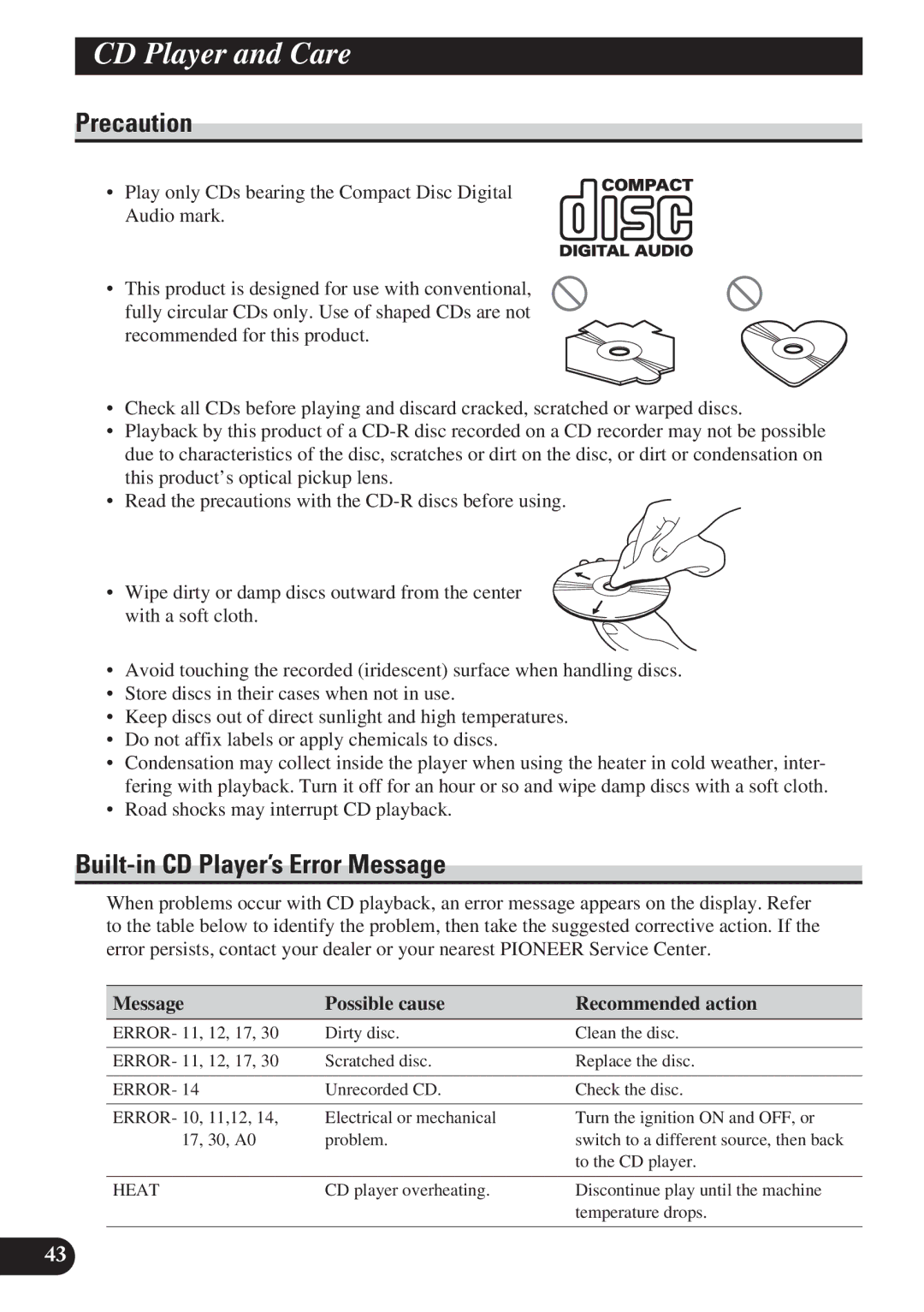 Pioneer DEH-P410 CD Player and Care, Built-in CD Player’s Error Message, Play only CDs bearing the Compact Disc Digital 