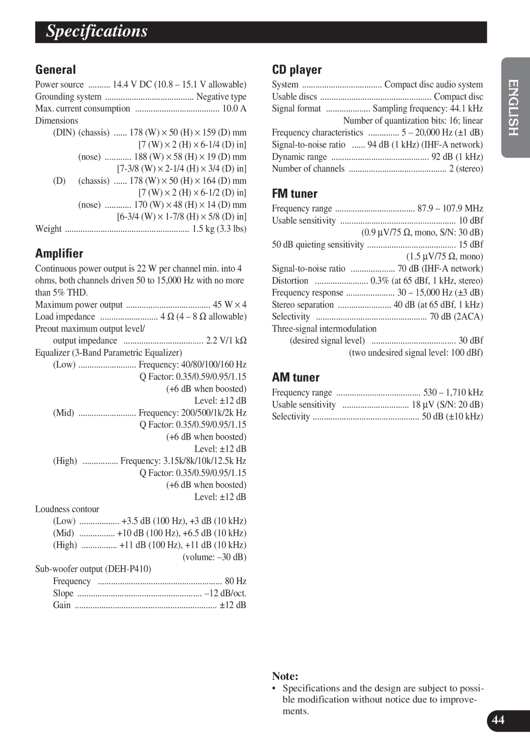 Pioneer DEH-P310, DEH-P410 operation manual Specifications 