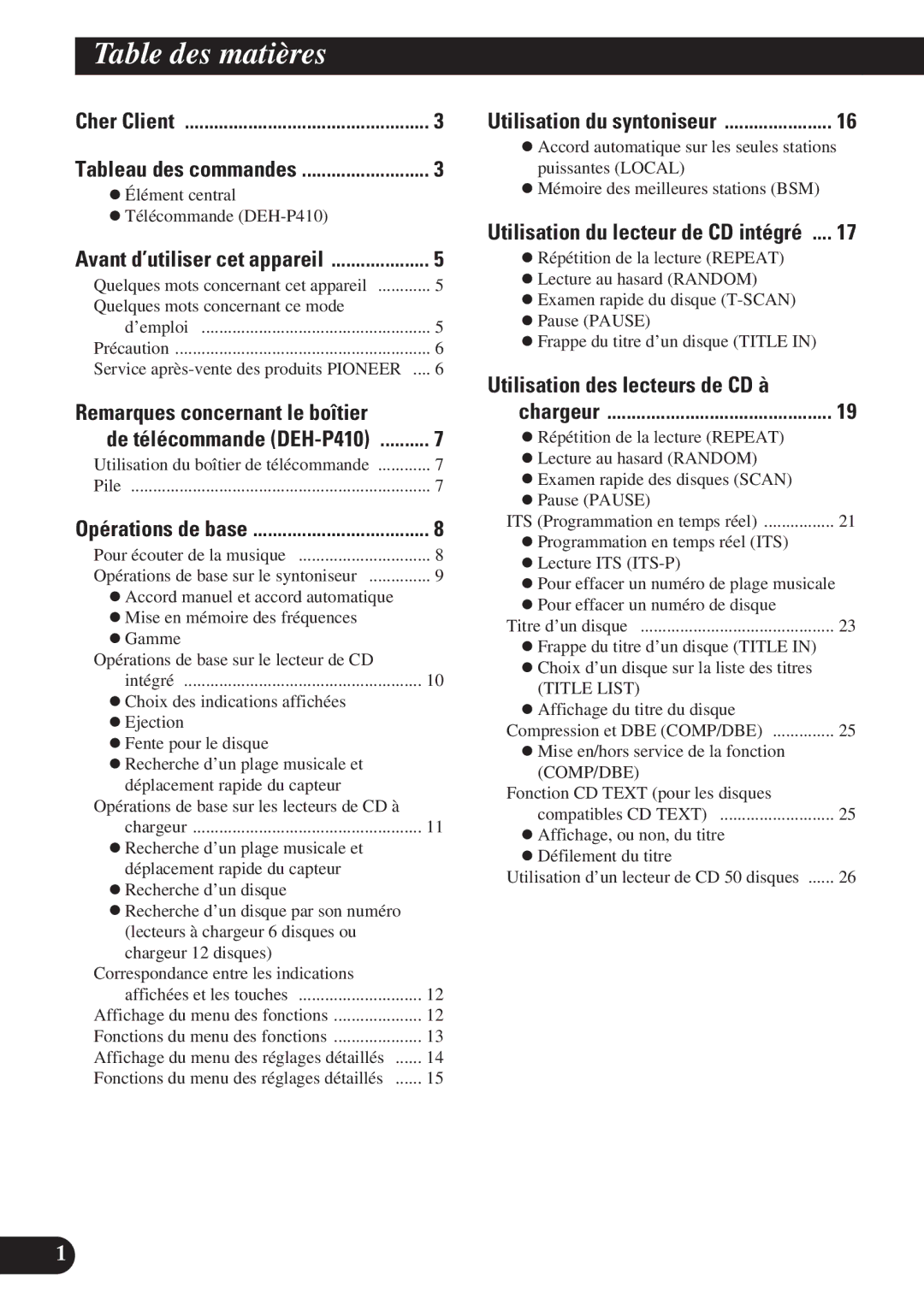 Pioneer DEH-P410, DEH-P310 operation manual Table des matières, Utilisation des lecteurs de CD à 