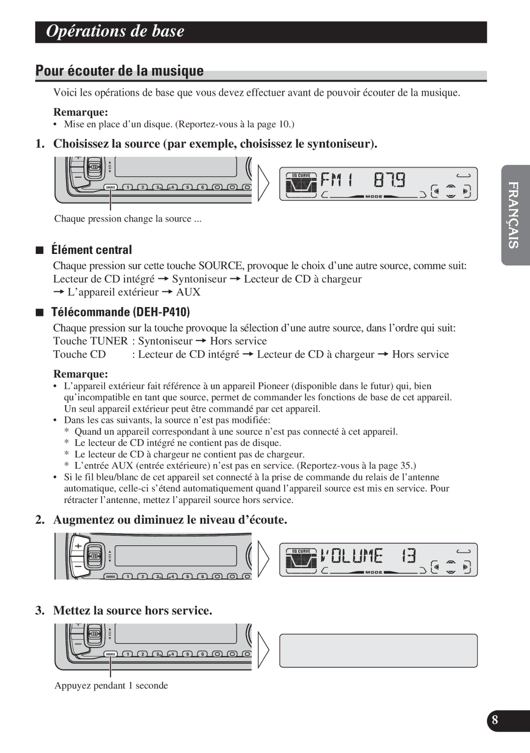 Pioneer DEH-P310 operation manual Opérations de base, Pour écouter de la musique, Élément central, Télécommande DEH-P410 