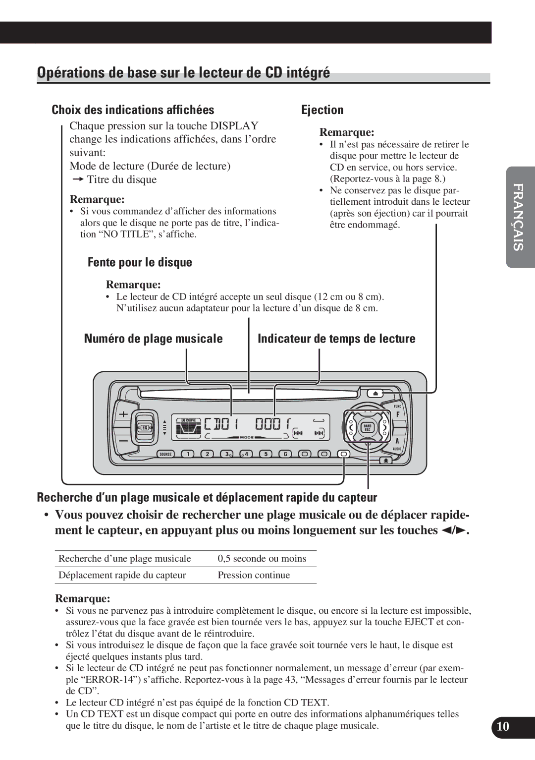 Pioneer DEH-P310, DEH-P410 Opérations de base sur le lecteur de CD intégré, Choix des indications affichées, Ejection 