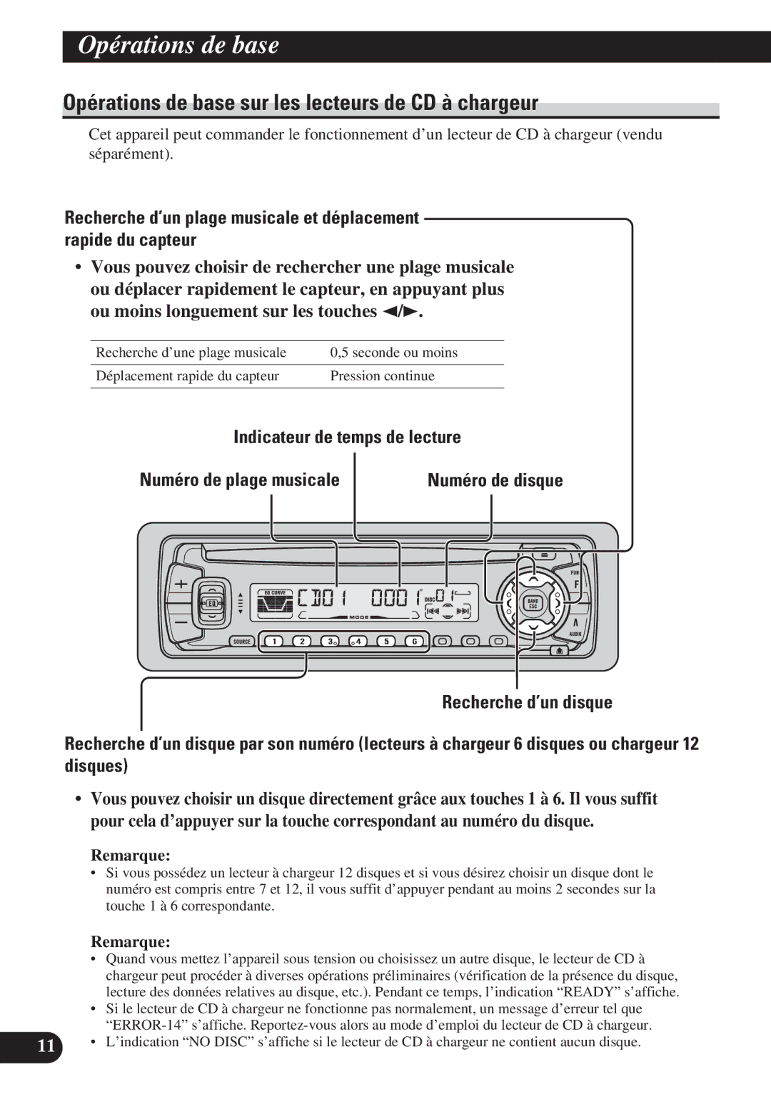 Pioneer DEH-P410, DEH-P310 Opérations de base sur les lecteurs de CD à chargeur, Indicateur de temps de lecture 