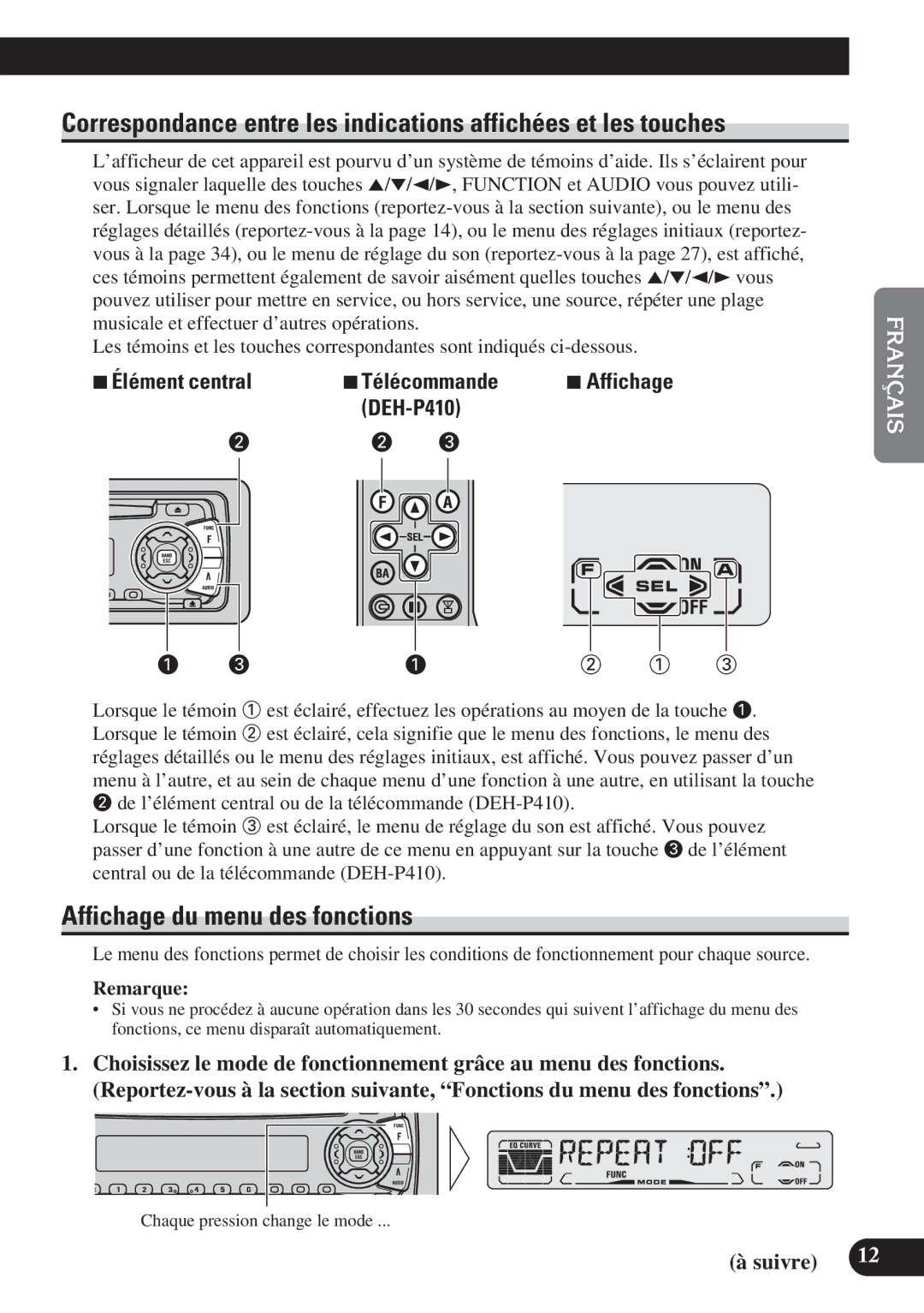 Pioneer DEH-P310, DEH-P410 operation manual Affichage du menu des fonctions, 7Élément central 7Télécommande, Suivre 