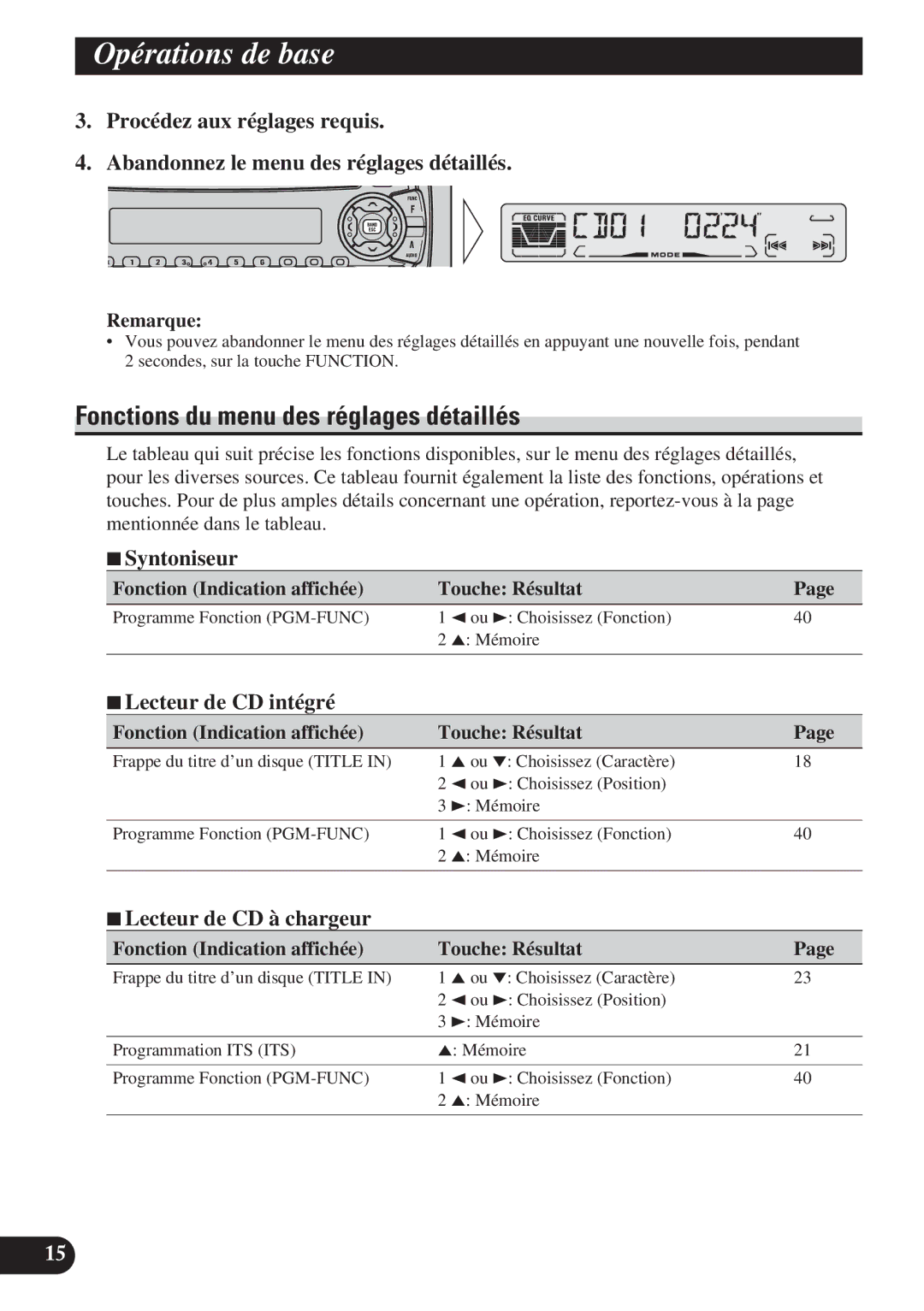 Pioneer DEH-P410, DEH-P310 operation manual Fonctions du menu des réglages détaillés, Remarque 