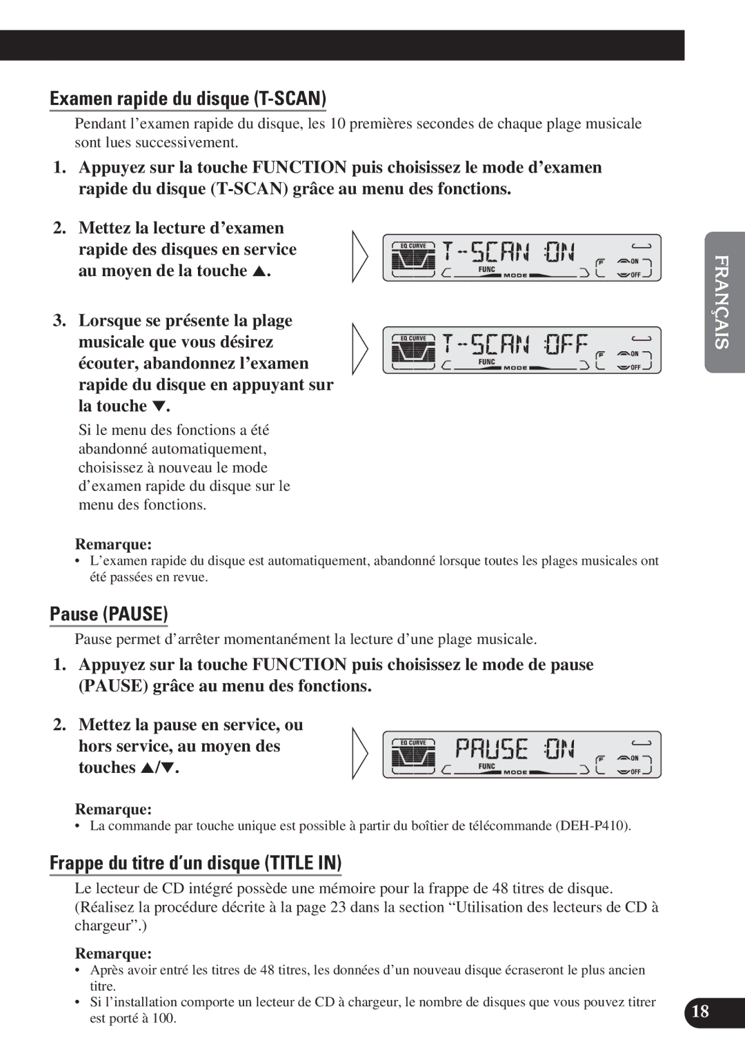 Pioneer DEH-P310, DEH-P410 operation manual Examen rapide du disque T-SCAN, Frappe du titre d’un disque Title 