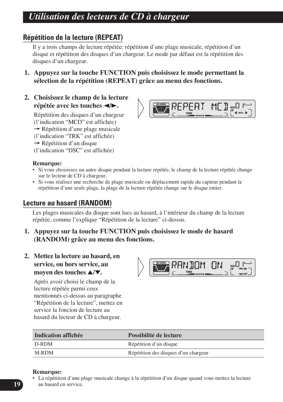 Pioneer DEH-P410, DEH-P310 Utilisation des lecteurs de CD à chargeur, Indication affichée Possibilité de lecture 