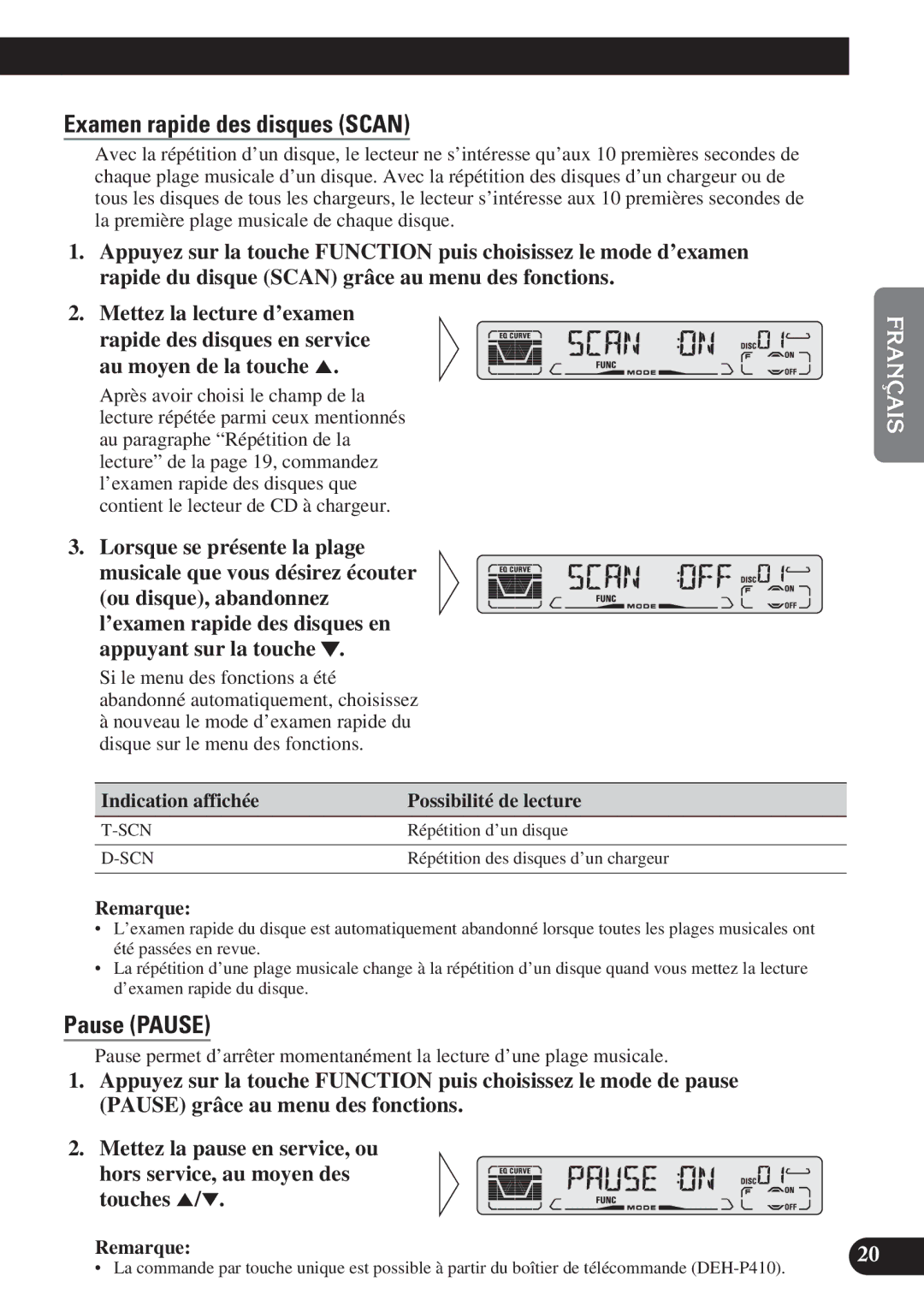 Pioneer DEH-P310, DEH-P410 operation manual Examen rapide des disques Scan 