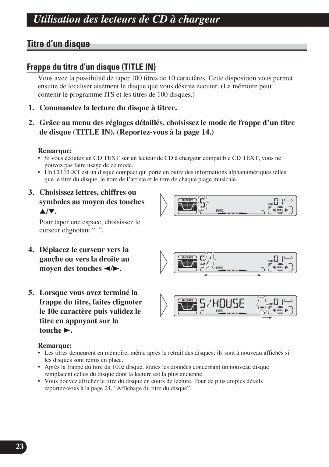 Pioneer DEH-P410, DEH-P310 operation manual Titre d’un disque, Pour taper une espace, choisissez le curseur clignotant 