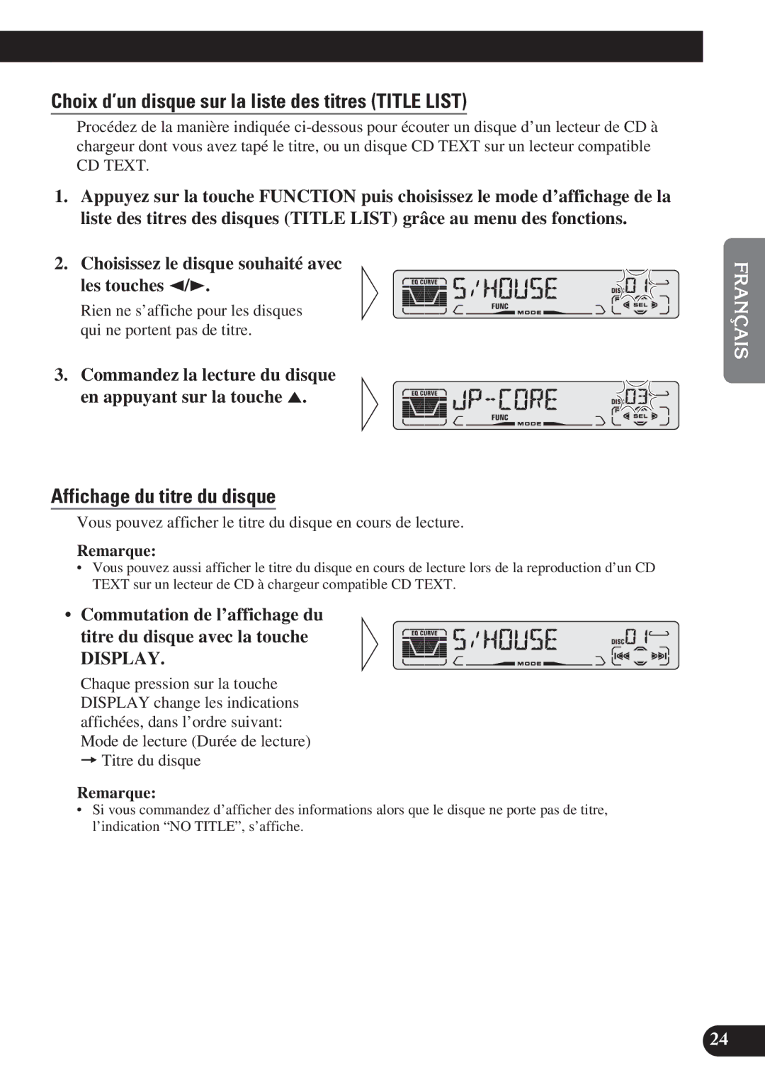 Pioneer DEH-P310, DEH-P410 Choix d’un disque sur la liste des titres Title List, Affichage du titre du disque 