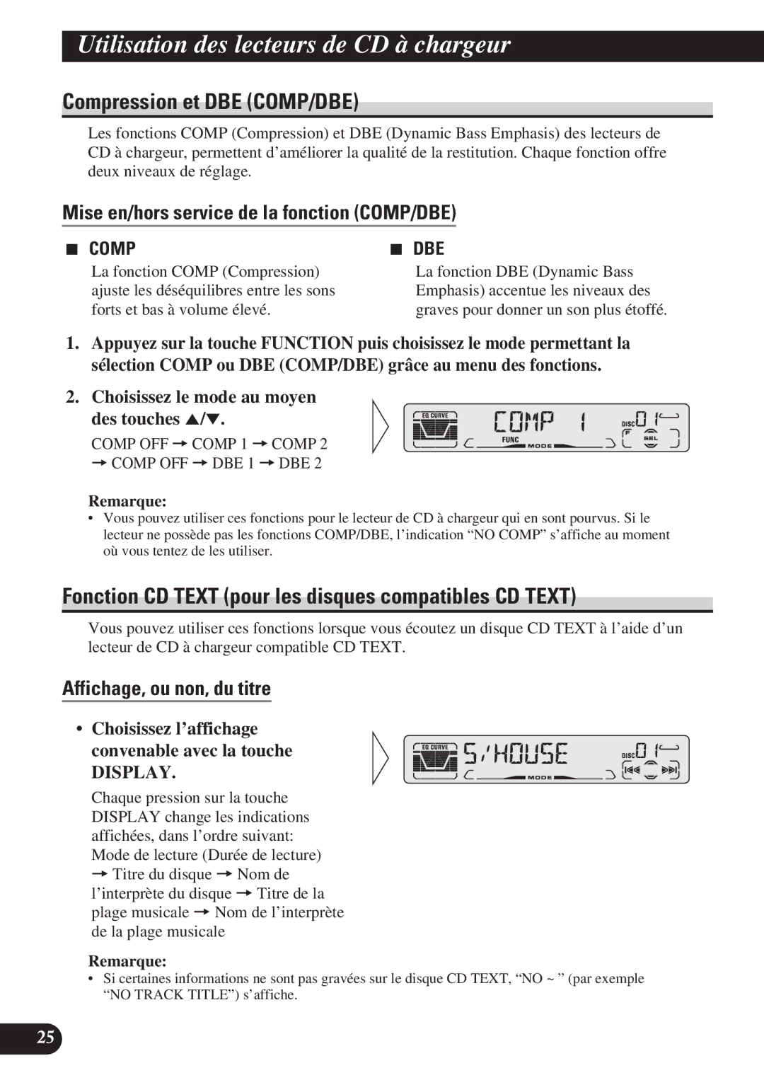 Pioneer DEH-P410, DEH-P310 Compression et DBE COMP/DBE, Fonction CD Text pour les disques compatibles CD Text 