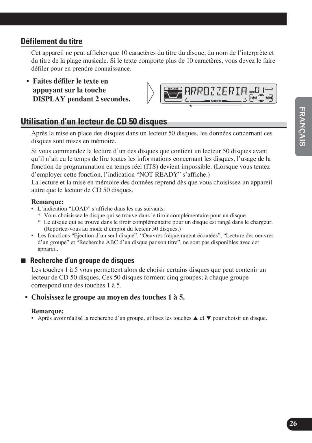 Pioneer DEH-P310 Utilisation d’un lecteur de CD 50 disques, Défilement du titre, Recherche d’un groupe de disques 