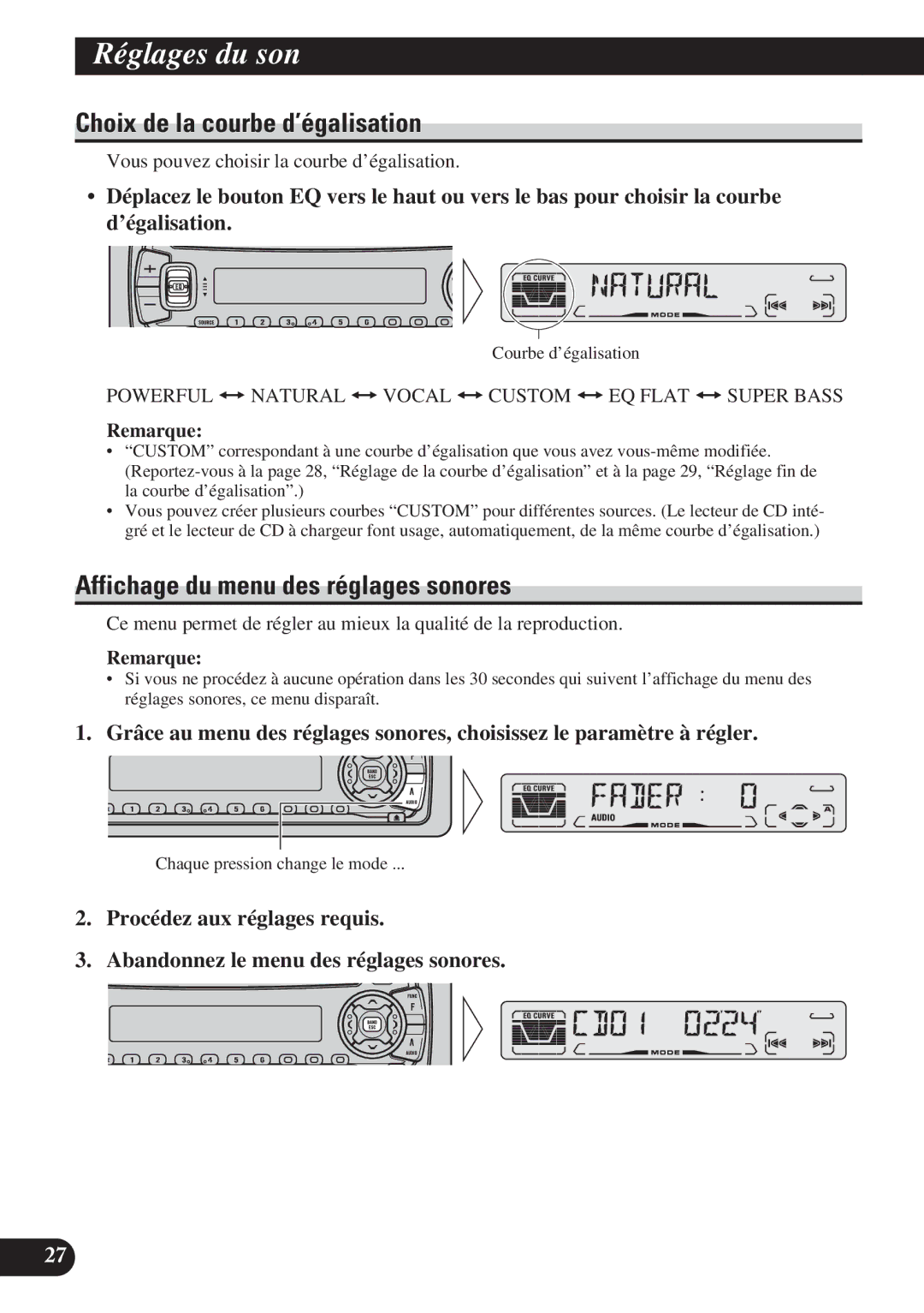 Pioneer DEH-P410, DEH-P310 Réglages du son, Choix de la courbe d’égalisation, Affichage du menu des réglages sonores 