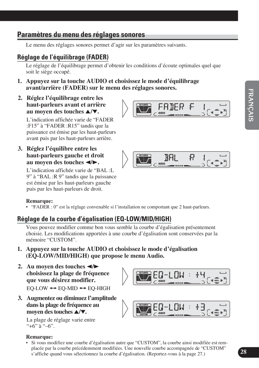 Pioneer DEH-P310, DEH-P410 operation manual Paramètres du menu des réglages sonores, Réglage de l’équilibrage Fader 