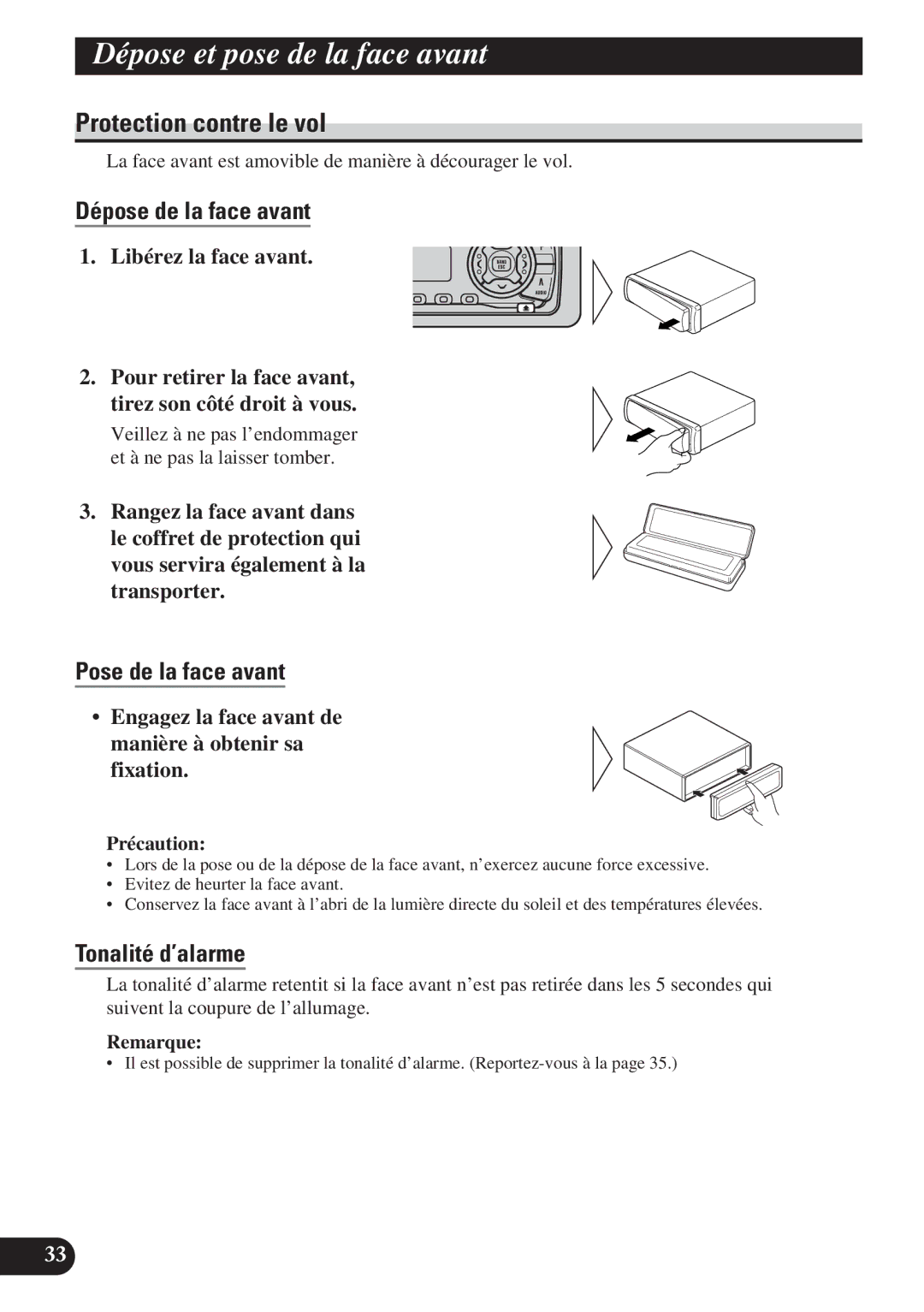 Pioneer DEH-P410 Dépose et pose de la face avant, Protection contre le vol, Dépose de la face avant, Pose de la face avant 