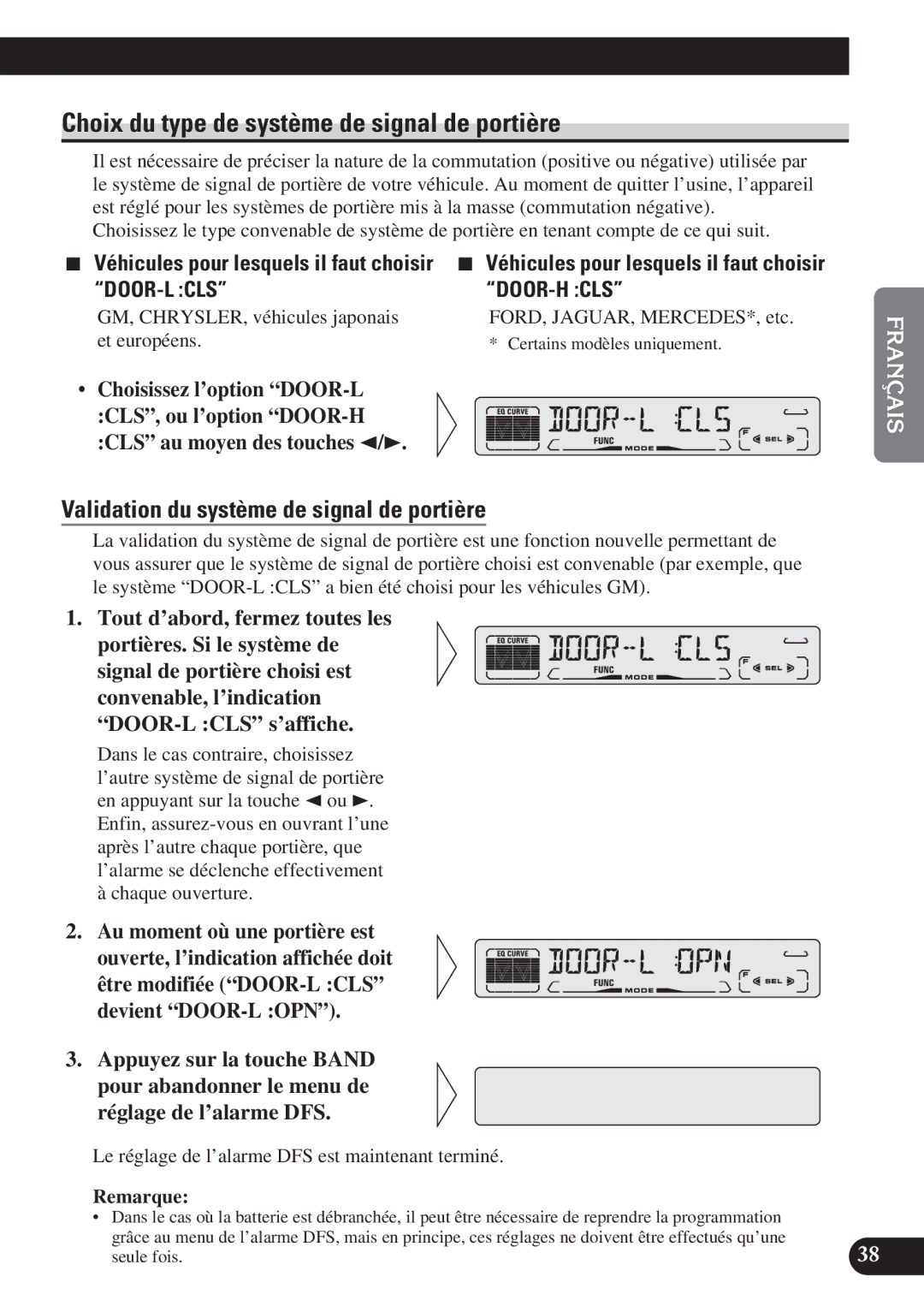 Pioneer DEH-P310 Choix du type de système de signal de portière, Validation du système de signal de portière, Et européens 