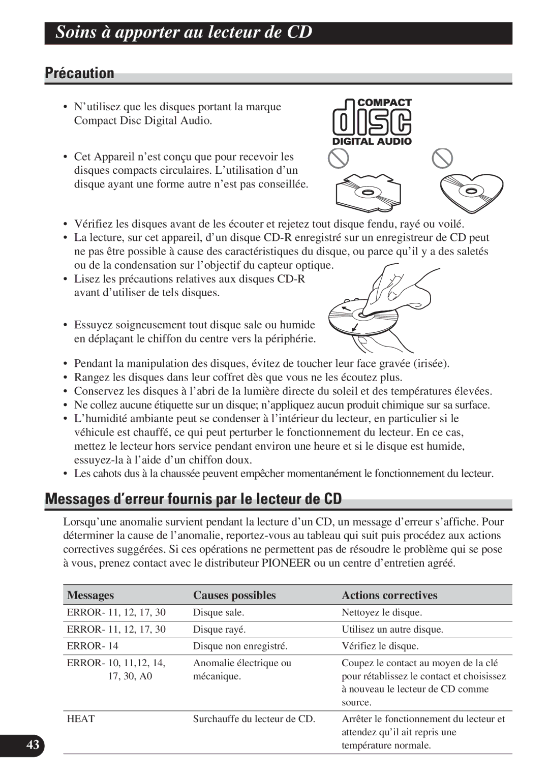 Pioneer DEH-P410, DEH-P310 Soins à a pporter au lecteur de CD, Messages d’erreur fournis par le lecteur de CD 