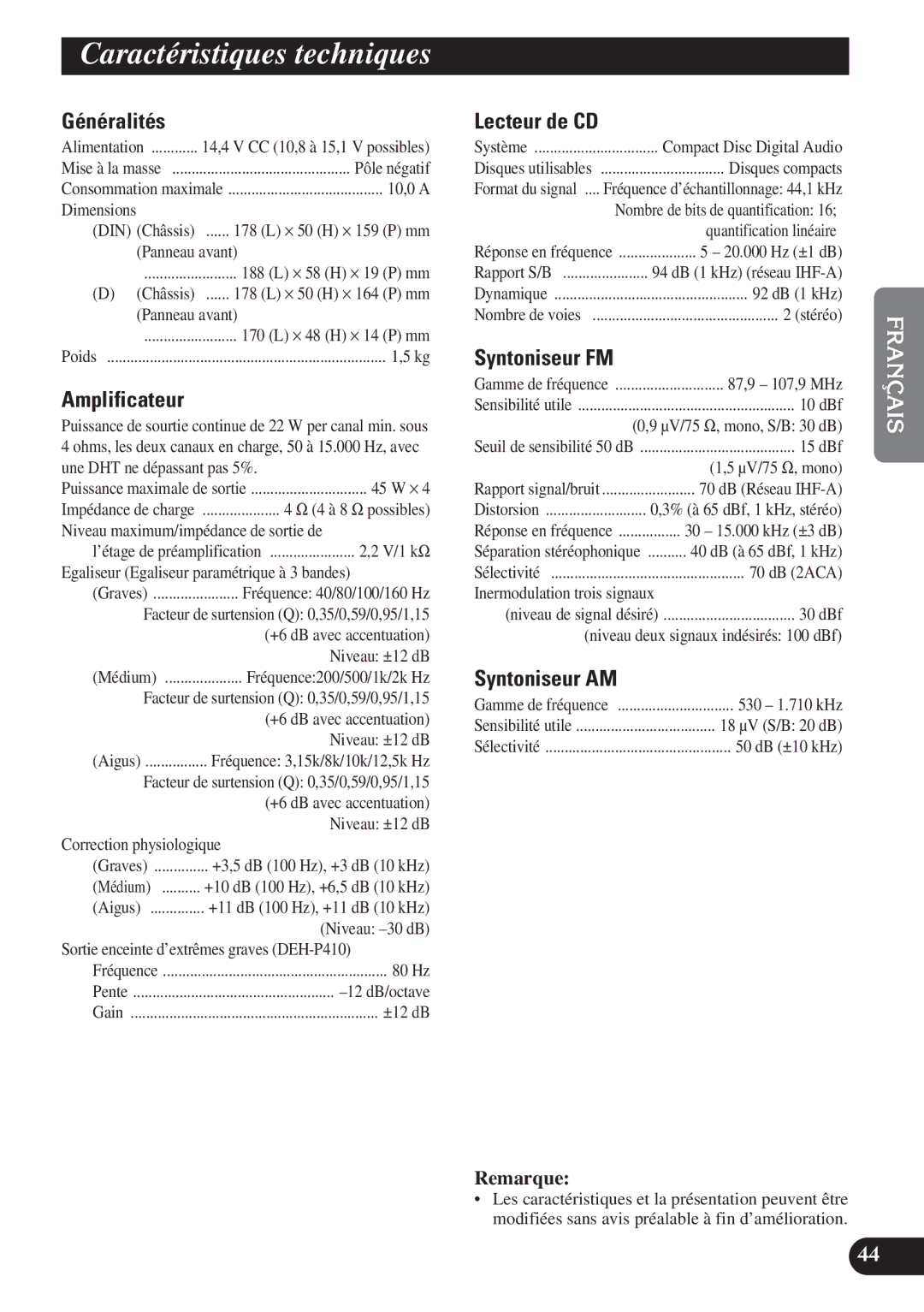 Pioneer DEH-P310, DEH-P410 operation manual Caractéristiques techniques 