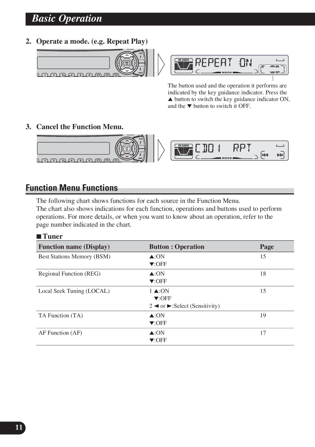 Pioneer DEH-P4100R Function Menu Functions, Operate a mode. e.g. Repeat Play, Cancel the Function Menu, 7Tuner 