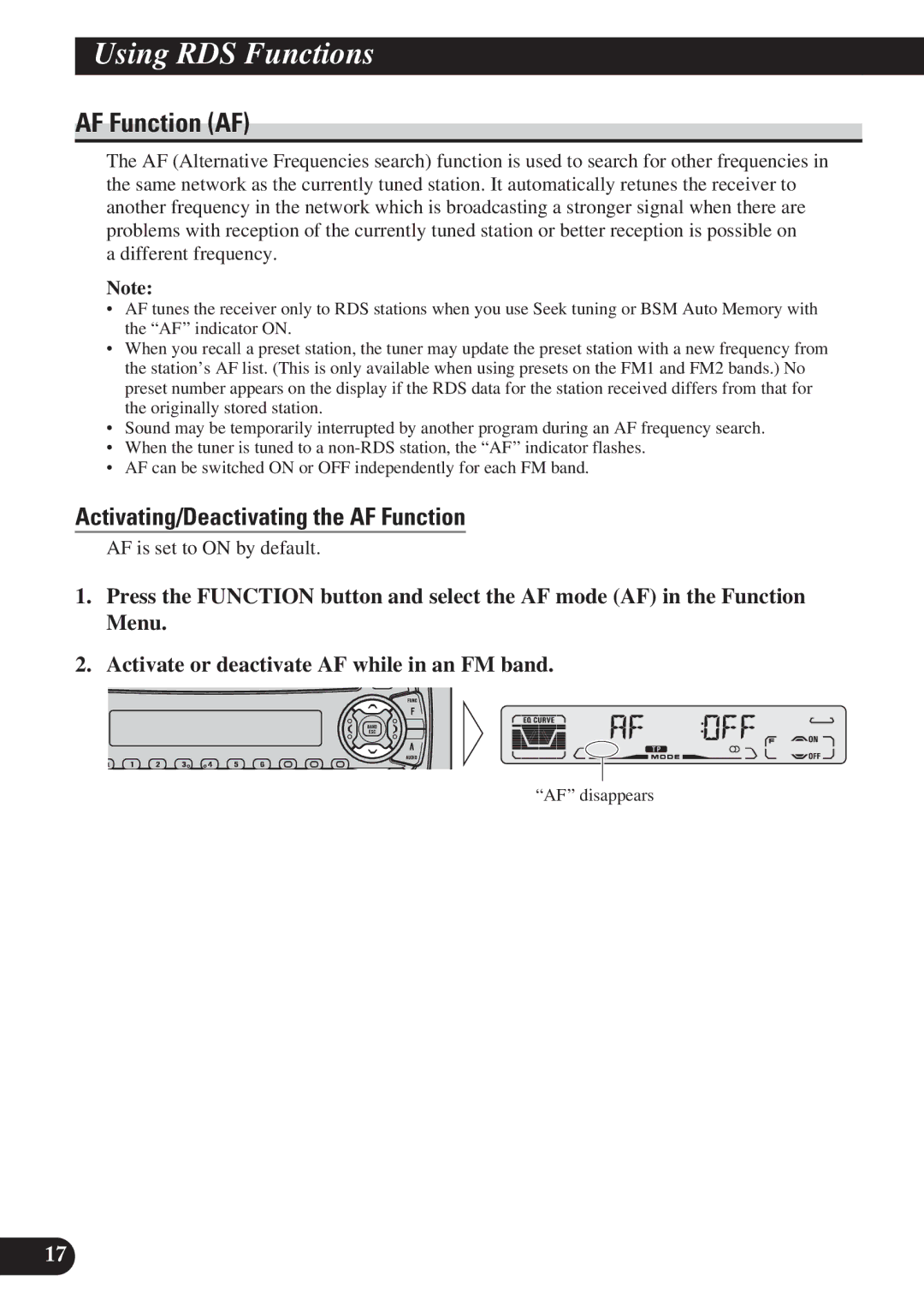 Pioneer DEH-P4100R operation manual AF Function AF, Activating/Deactivating the AF Function 