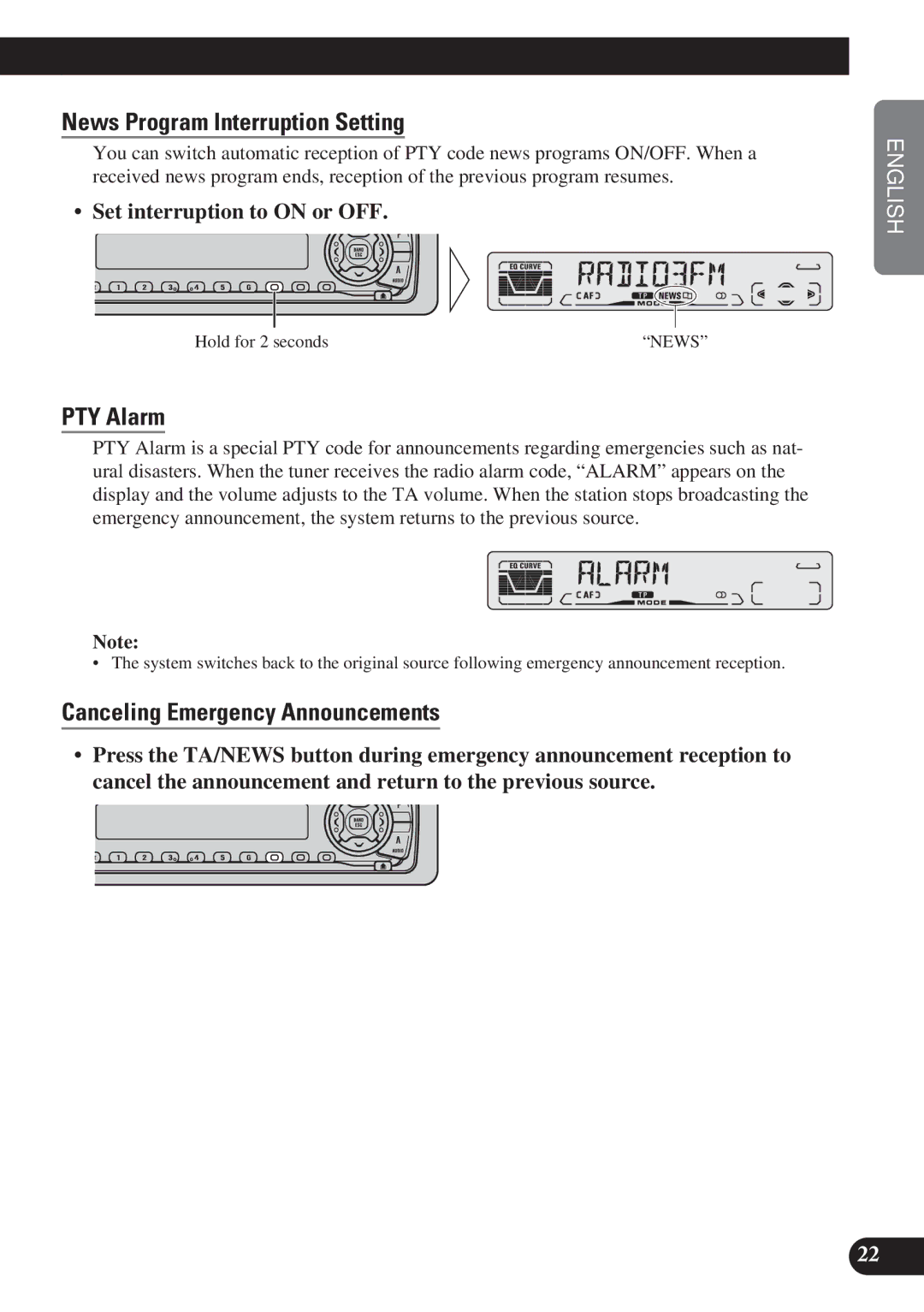 Pioneer DEH-P4100R operation manual News Program Interruption Setting, PTY Alarm, Canceling Emergency Announcements 