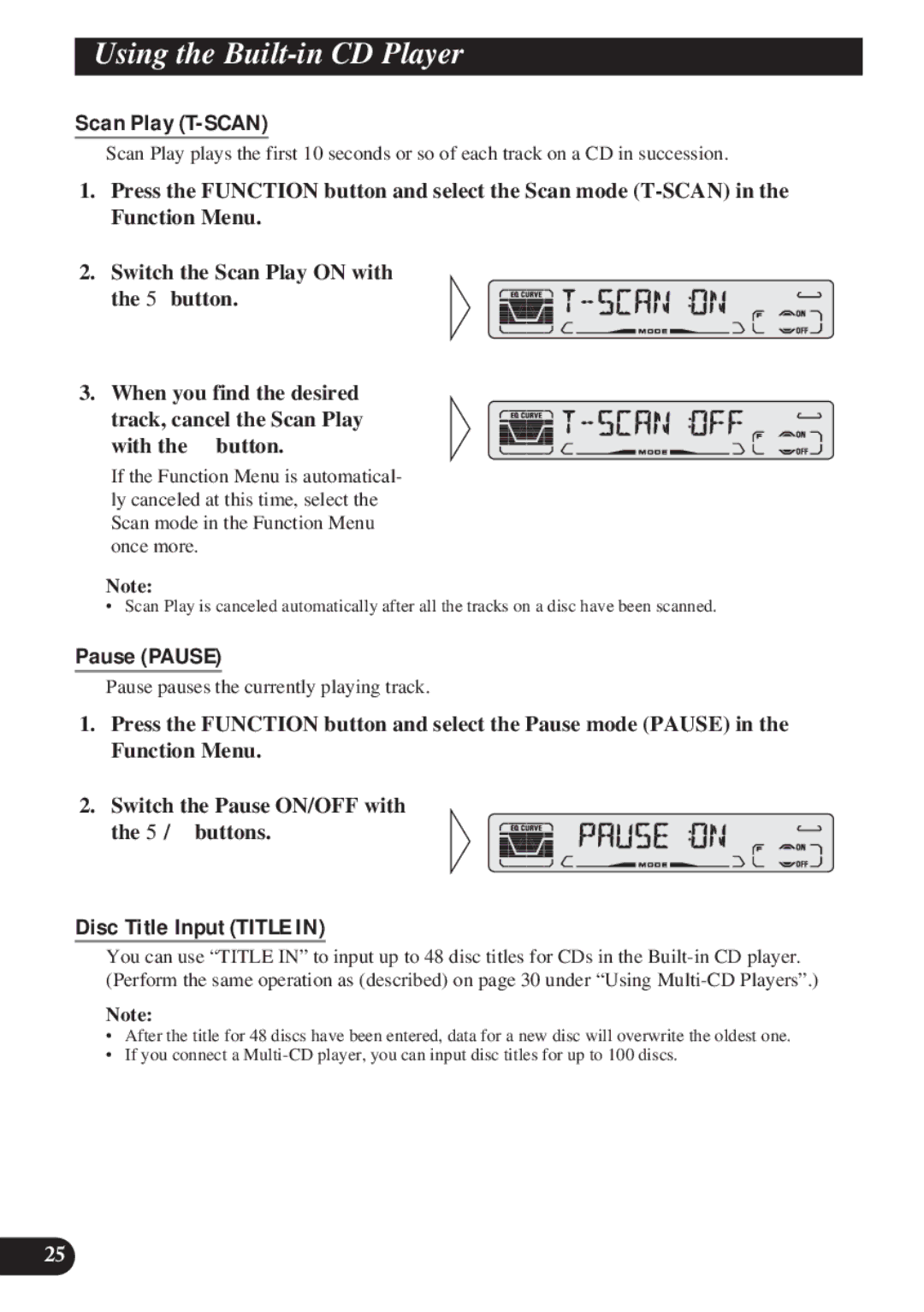 Pioneer DEH-P4100R operation manual Scan Play T-SCAN, Pause Pause, Disc Title Input Title 