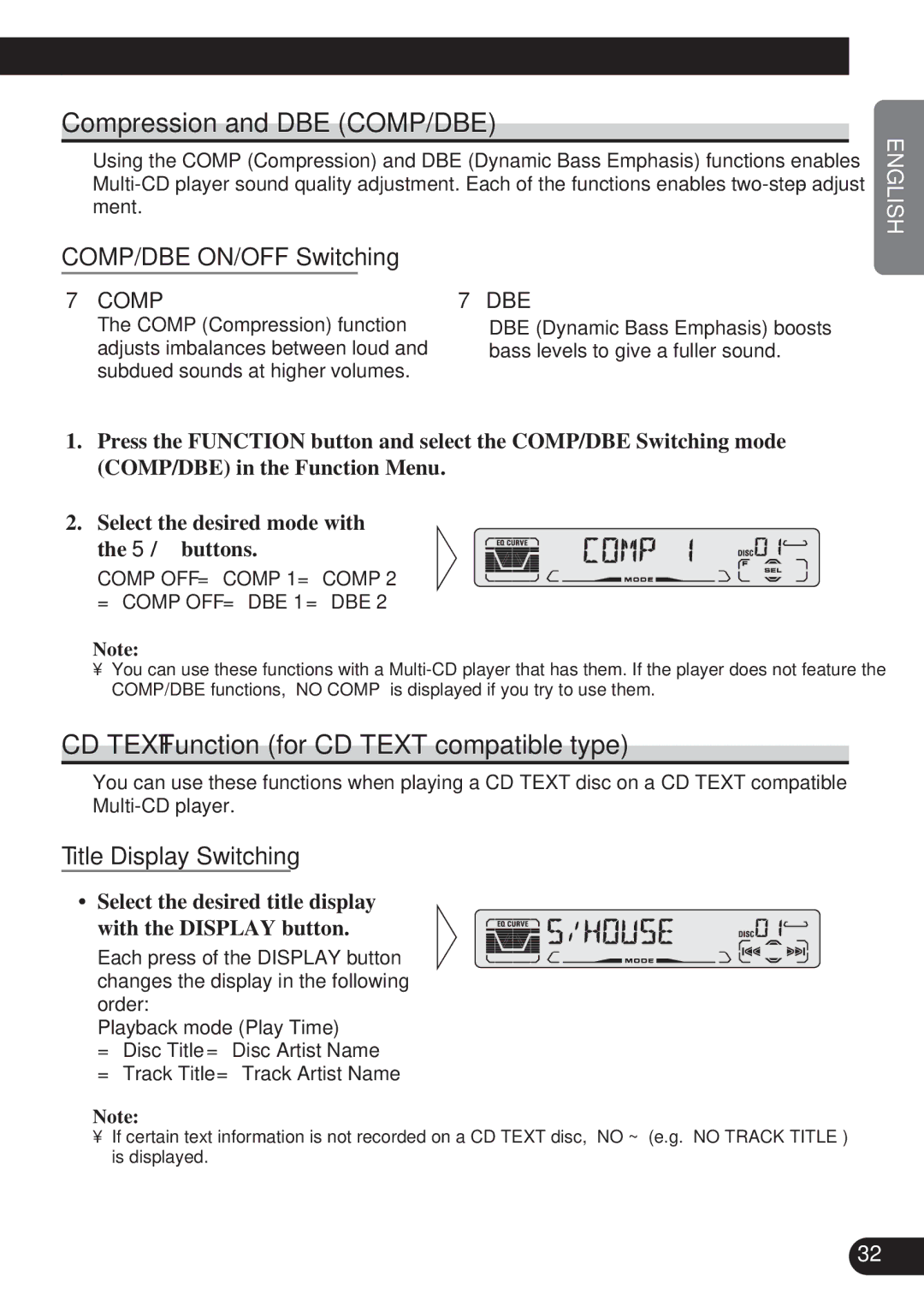 Pioneer DEH-P4100R Compression and DBE COMP/DBE, CD Text Function for CD Text compatible type, COMP/DBE ON/OFF Switching 