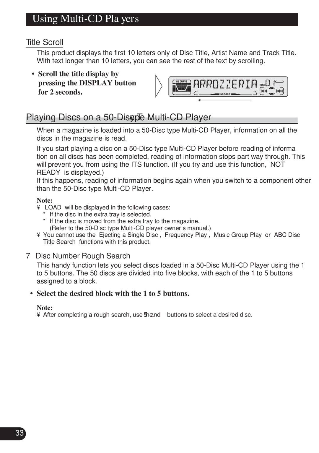 Pioneer DEH-P4100R operation manual Playing Discs on a 50-Disc Type Multi-CD Player, Title Scroll, Disc Number Rough Search 