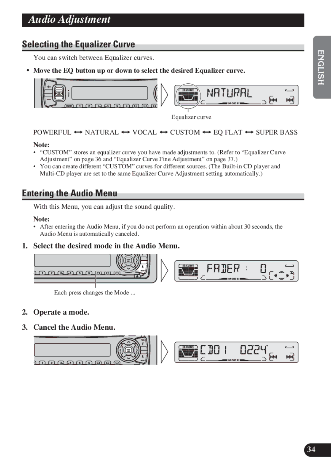 Pioneer DEH-P4100R operation manual Audio Adjustment, Selecting the Equalizer Curve, Entering the Audio Menu 