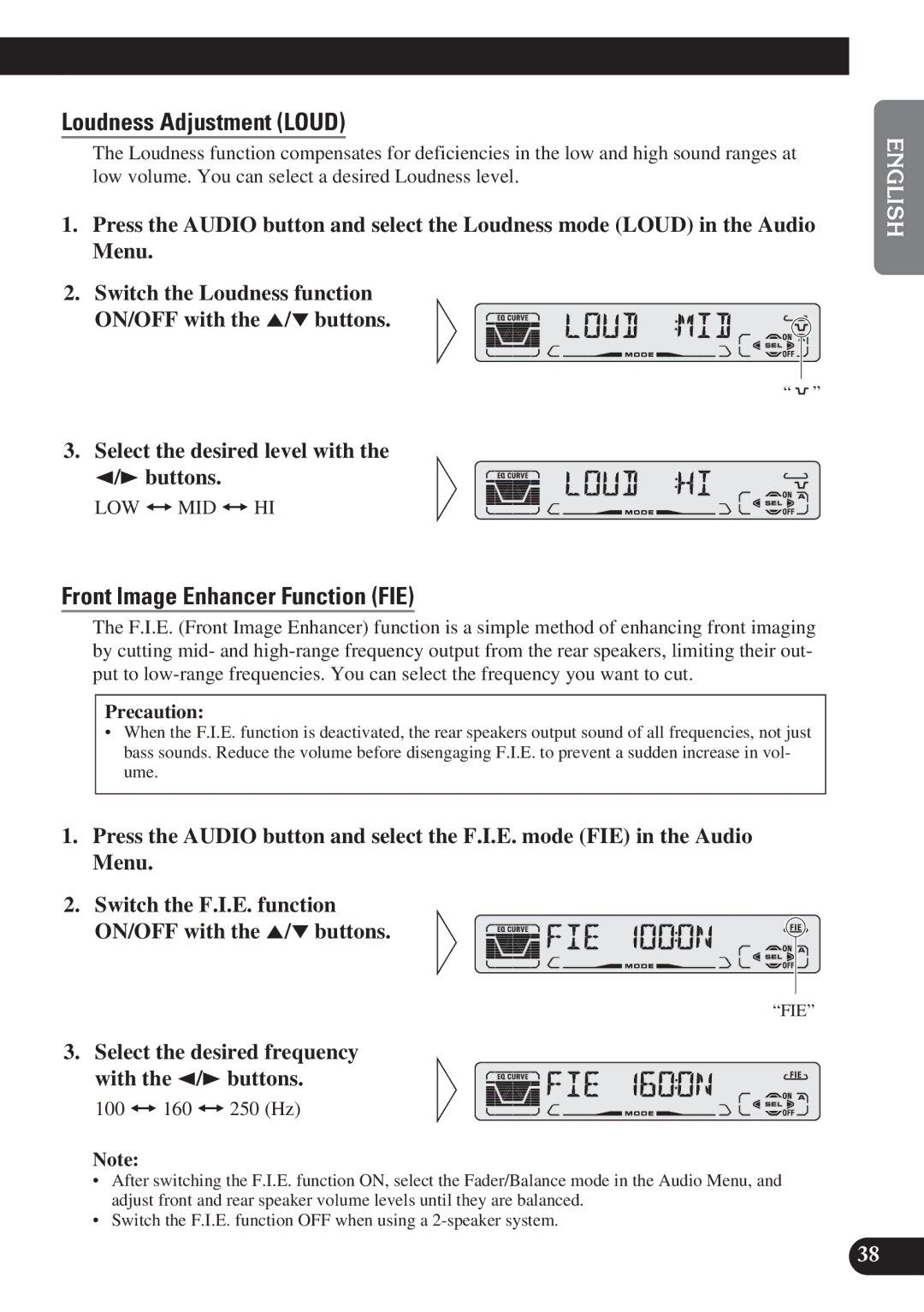 Pioneer DEH-P4100R operation manual Loudness Adjustment Loud, Front Image Enhancer Function FIE, Precaution 