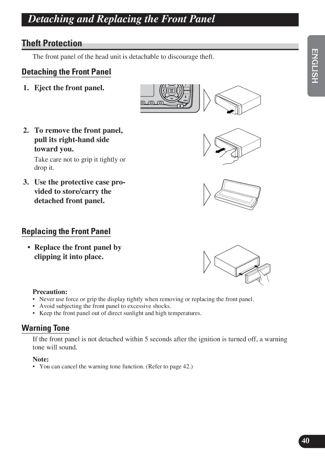 Pioneer DEH-P4100R operation manual Detaching and Replacing the Front Panel, Theft Protection, Detaching the Front Panel 