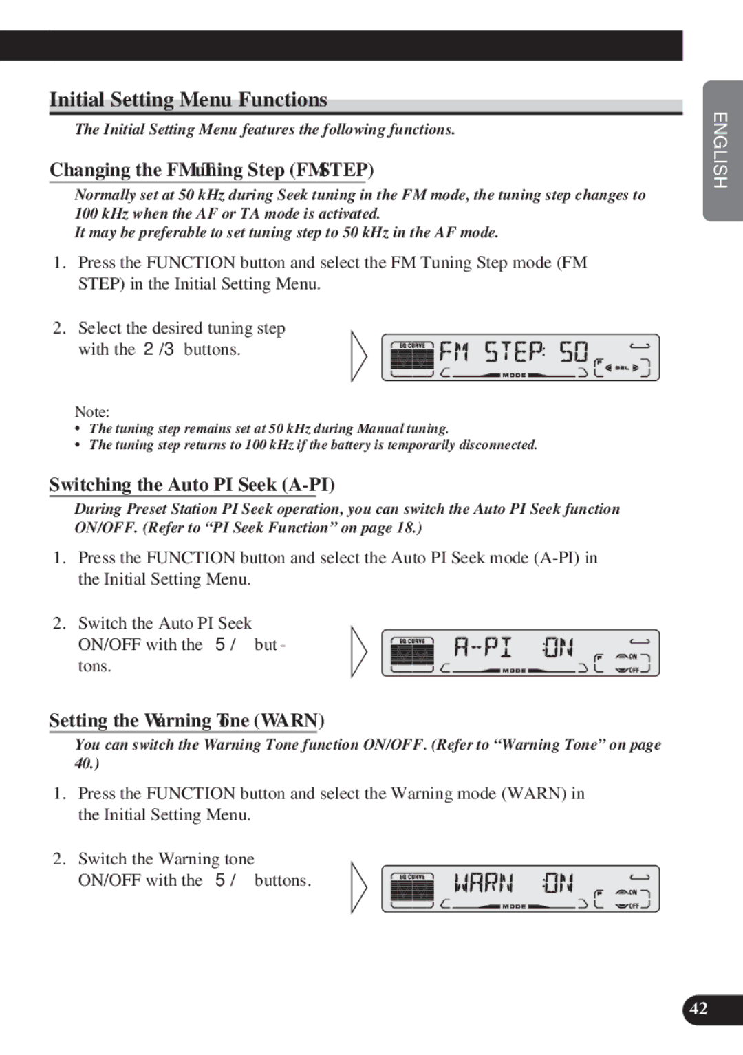 Pioneer DEH-P4100R Initial Setting Menu Functions, Changing the FM Tuning Step FM Step, Switching the Auto PI Seek A-PI 