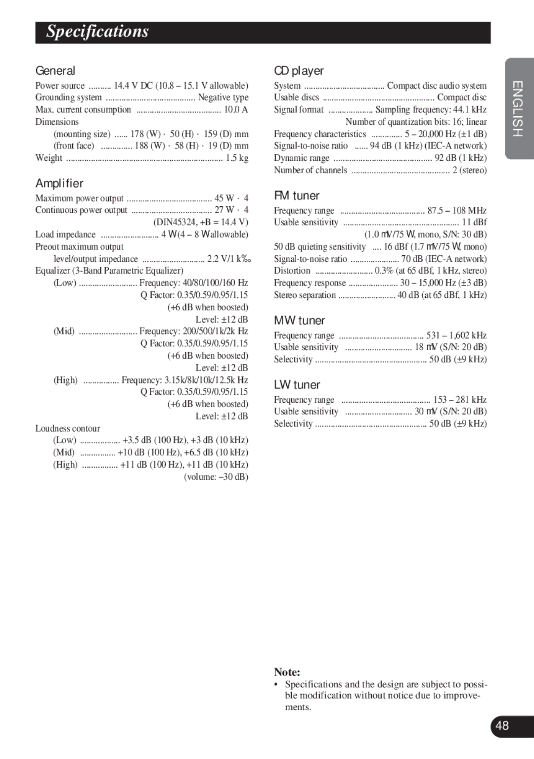 Pioneer DEH-P4100R operation manual Specifications 