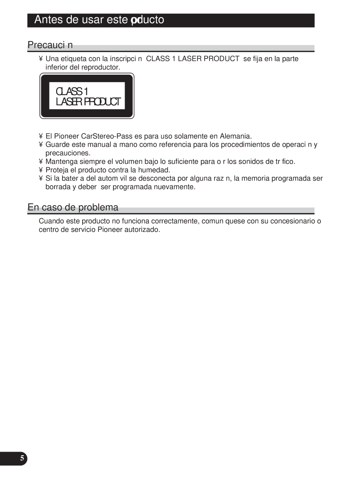 Pioneer DEH-P4100R operation manual Precaución, En caso de problema 