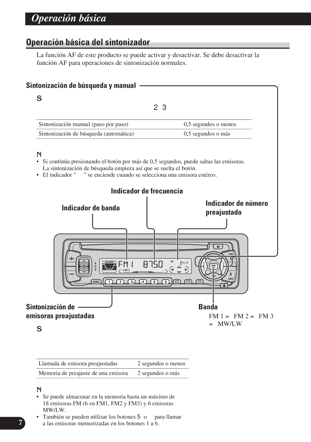 Pioneer DEH-P4100R Operación básica del sintonizador, Sintonización de búsqueda y manual, Banda, Preajustadas 