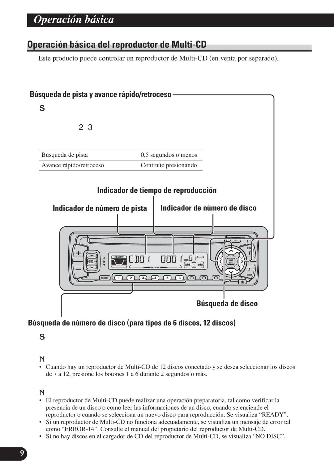 Pioneer DEH-P4100R operation manual Operación básica del reproductor de Multi-CD, Indicador de tiempo de reproducción 