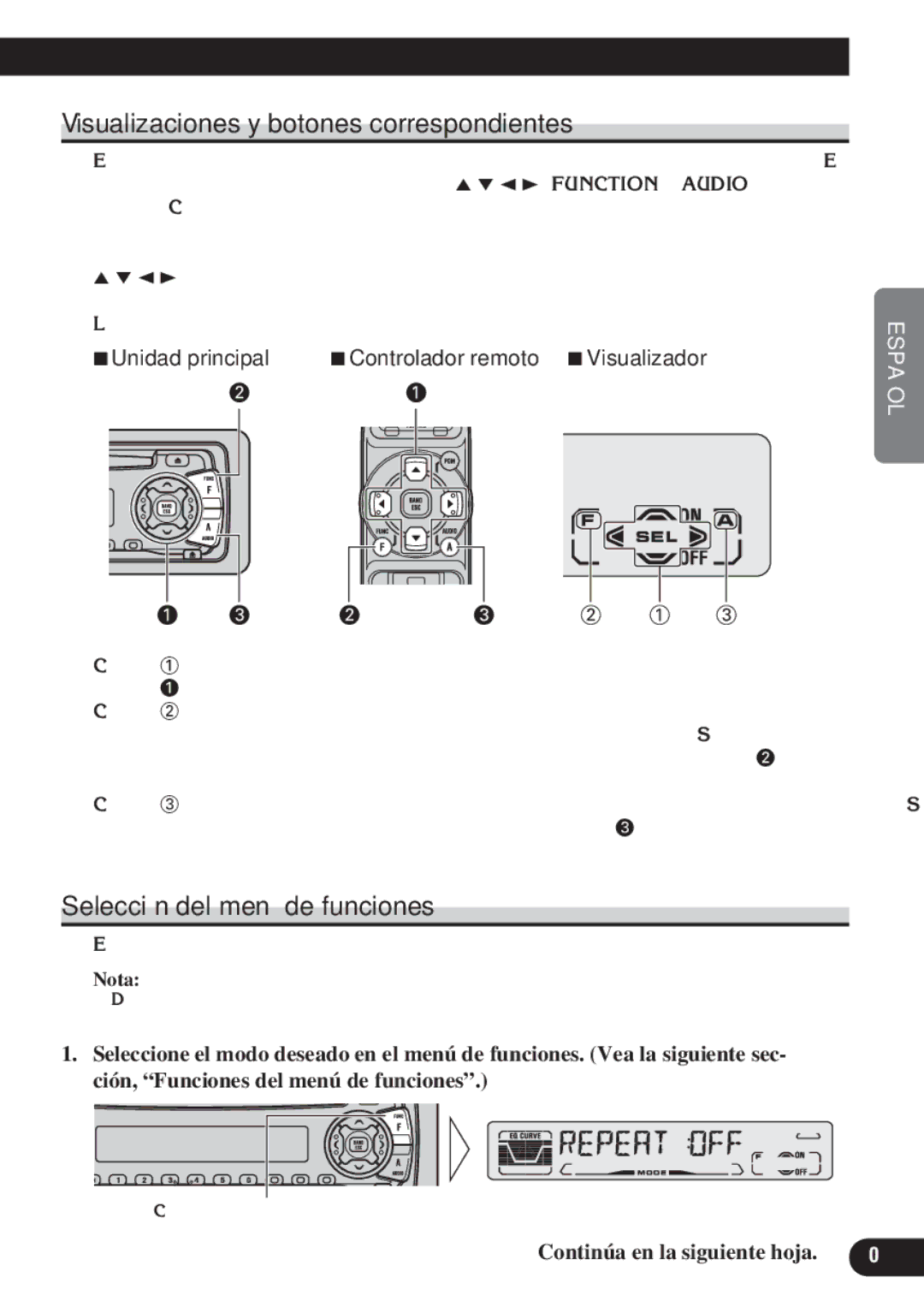 Pioneer DEH-P4100R operation manual Visualizaciones y botones correspondientes, Selección del menú de funciones 