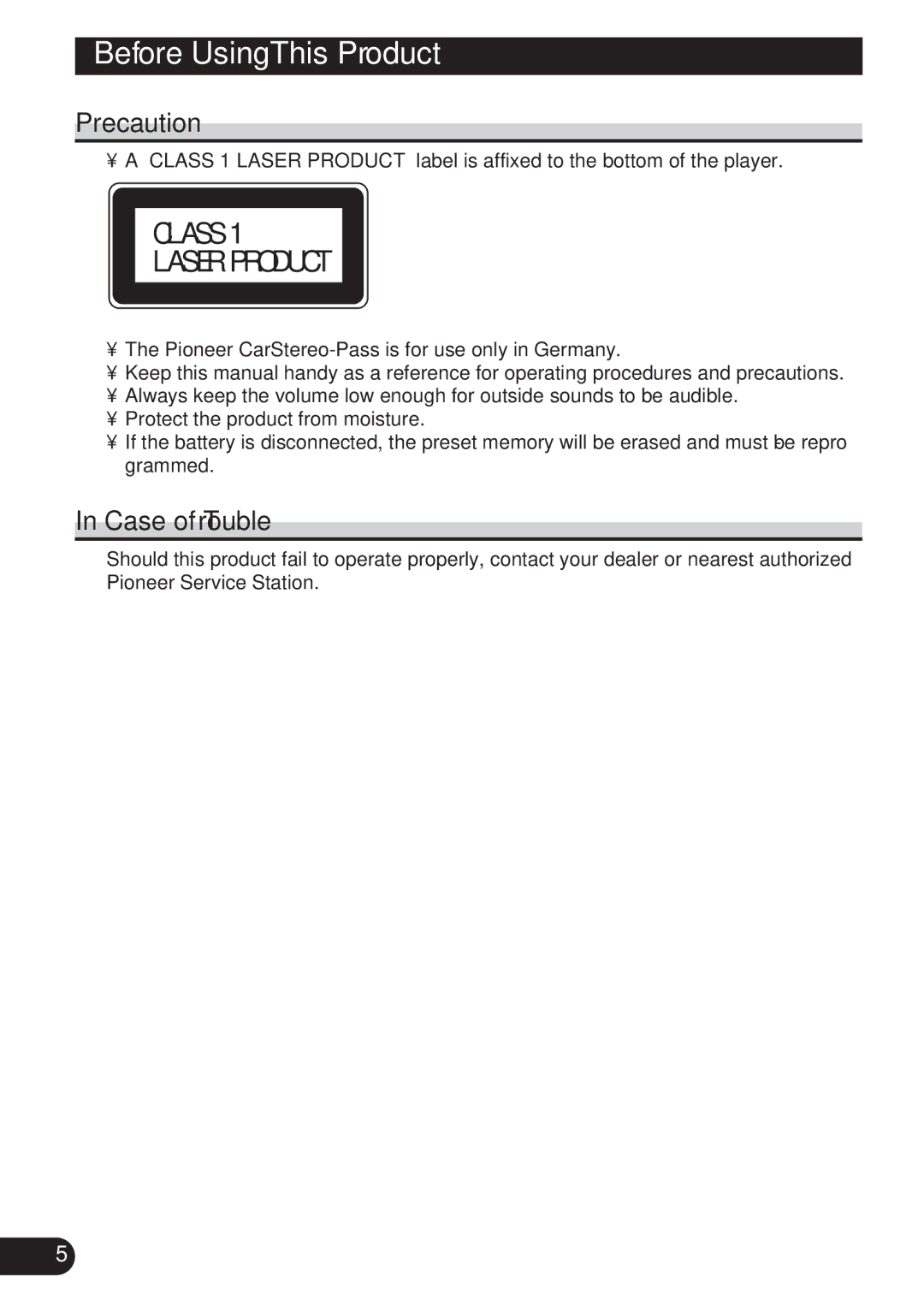 Pioneer DEH-P4100R operation manual Precaution, Case of Trouble 