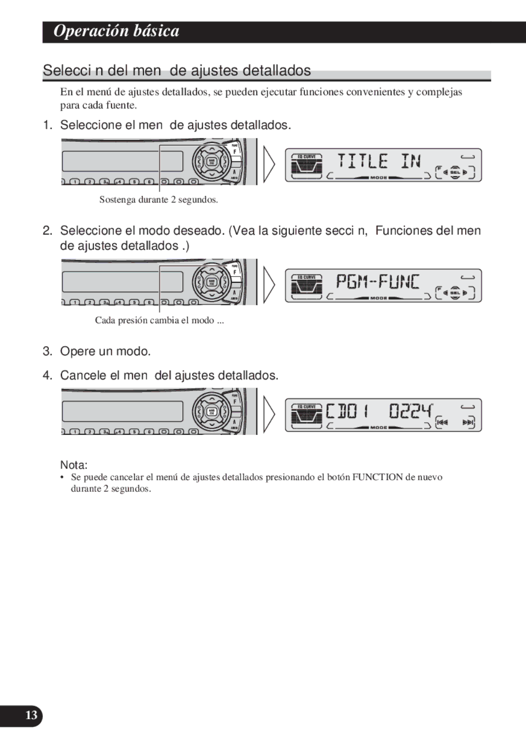 Pioneer DEH-P4100R operation manual Selección del menú de ajustes detallados, Seleccione el menú de ajustes detallados 