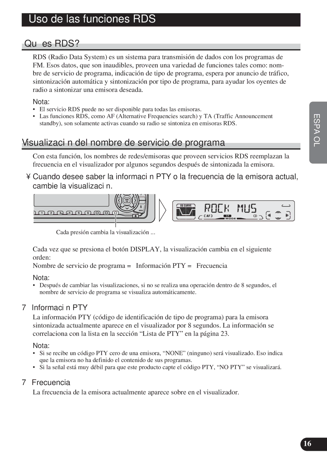 Pioneer DEH-P4100R Uso de las funciones RDS, ¿Qué es RDS?, Visualización del nombre de servicio de programa, Frecuencia 